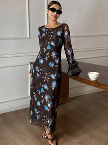 DAZY 印花连衣裙，优雅度假装，长袖圆领喇叭袖口，春秋季吊带裙 - 棕色 - 查看 5