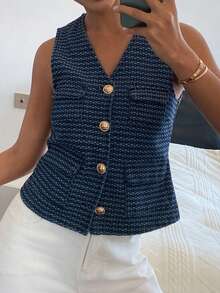 DAZY Women's Textured V-Neck Sleeveless Elegant Vacation Denim Jacket And Coat, Spring/Autumn - Blue - View 5