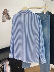 Franclia Áo sơ mi dệt kẻ sọc dáng rộng, cỡ lớn, thích hợp cho mùa Thu/Đông. - Màu xanh hải quân - Xem 2