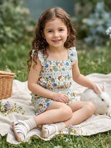 Vintaside Kids 女童热带印花衬衫短裤套装，休闲度假装 - 白色 - 查看 8