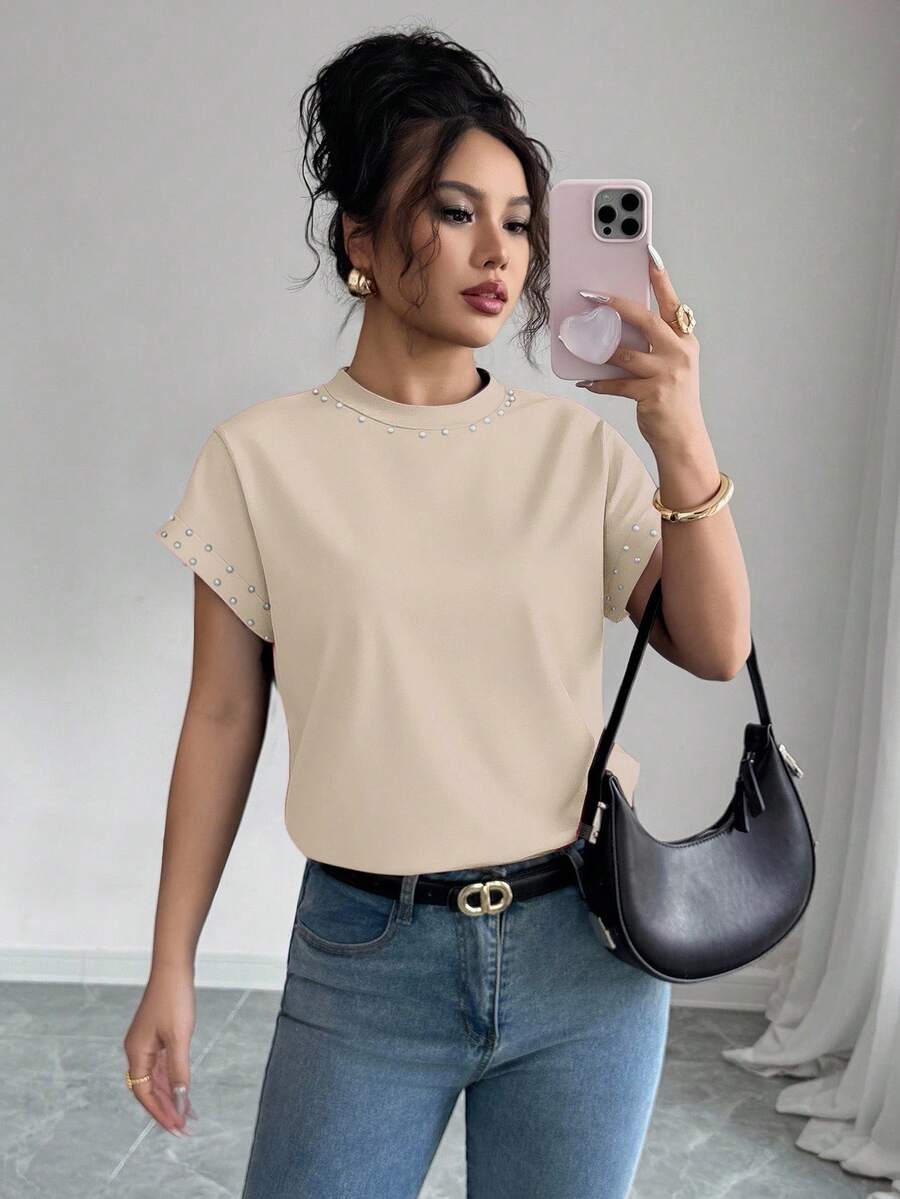 Elenzga Camiseta de mujer de cuello redondo negro de manga corta con perlas de burbujas - Albaricoque - Ver 1