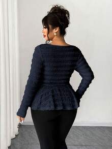 Elenzga Plus Size Women's New Spring/Summer/Autumn Casual Commute Travel Shirt, Textured Fabric Asymmetric Hem Bell Sleeve Side Metal Decor Design, Autumn - Navy Blue - View 2