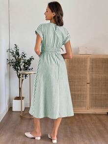 EMERY ROSE Women's Fresh Striped Round Neck Short Sleeve Dress Green