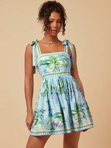 Travachic Women's Romantic Floral Print Tie-Up Vacation Dress - Green - View 5