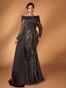 Serin 大码优雅奢华咖啡色露肩礼服，饰有串珠和亮片，褶皱袖，鱼尾裙摆，适合婚礼、派对、度假、舞会、新娘母亲晚礼服 - 咖啡棕 - 查看 8