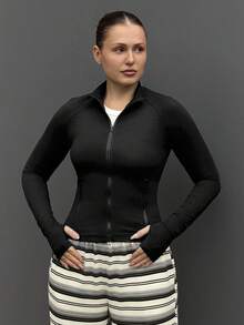 Kuleshova 女士纯色前拉链长袖简约休闲夹克 - 黑色 - 查看 1