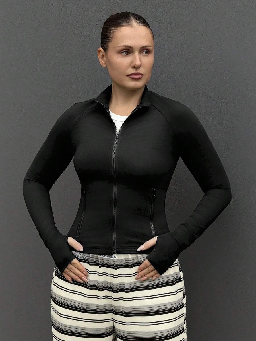 Kuleshova 女士纯色前拉链长袖简约休闲夹克 - 黑色 - 查看 1