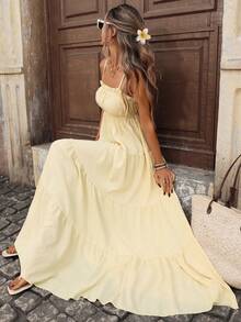 Pariaura 女士法式度假风吊带荷叶边收腰修身长款纹理黄色连衣裙，春夏款 - 黃色 - 查看 5