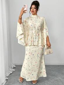 Elenzga Bộ đồ 2 mảnh cỡ lớn dành cho nữ: Áo kiểu dáng rộng rãi cổ tròn dáng chữ A tay cánh dơi họa tiết hoa nhí màu mơ và chân váy đuôi cá cạp chun co giãn kèm thắt lưng, thanh lịch và thời trang cho các bữa tiệc, tiệc trà chiều, đi làm, phù hợp với phong cách Trung Đông và Âu Mỹ. - Nhiều màu - Xem 6