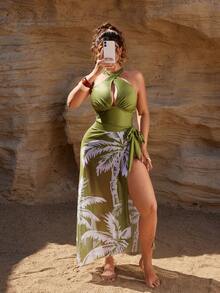 Swim Oasis 大码女式亮面纹理面料交叉前系带露背椰树印花网纱裙连体泳衣，休闲度假日常泳池优雅款 - 綠色 - 查看 7