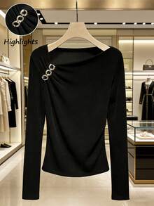 GlowEve Women's Asymmetrical Neckline Chain Decor Long Sleeve T-Shirt, Elegant Casual Wear For Spring, Summer, Autumn, Winter - Black - View 3
