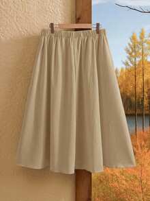 Rusticease Plus Size Women Solid Color Elastic Waist Casual Commuter Skirt - Khaki - View 3