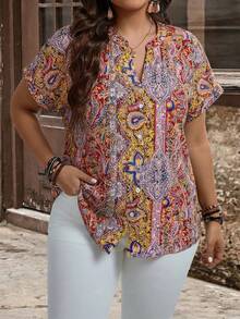EMERY ROSE 大码女式波西米亚风印花纽扣装饰短袖衬衫，适合春夏穿着 - 彩色 - 查看 5