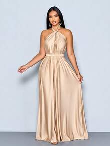 SOLERSUN Women's Elegant Apricot Satin Ruched Halter With Belt Maxi Dress,Ruched Flowy Backless Evening Gown For Formal Party Prom Wedding Guest - Khaki - View 7