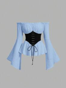 SHEIN MOD Áo kiểu cổ điển cỡ lớn, tay loe khoét rỗng, eo buộc dây tương phản. - Màu xanh lam - Xem 1