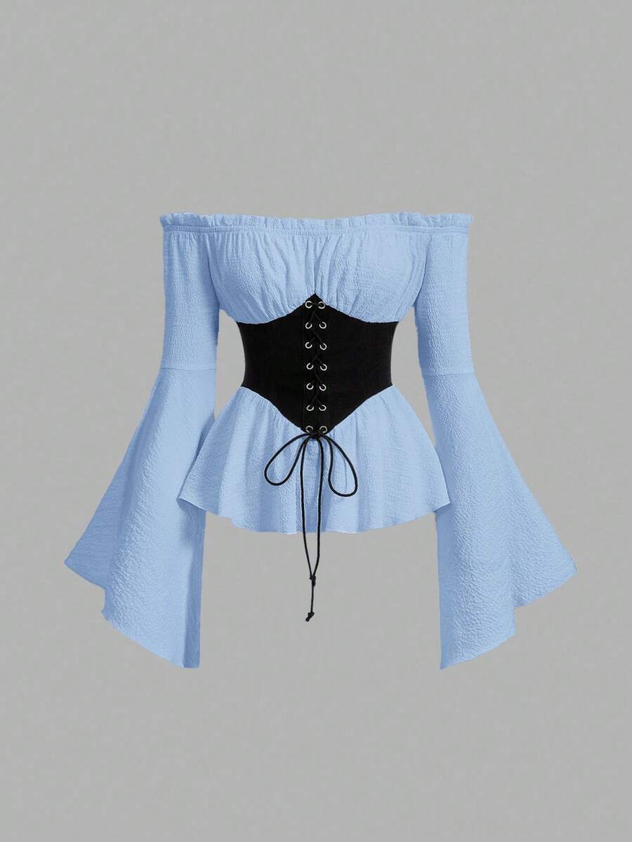 SHEIN MOD Áo kiểu cổ điển cỡ lớn, tay loe khoét rỗng, eo buộc dây tương phản. - Màu xanh lam - Xem 1