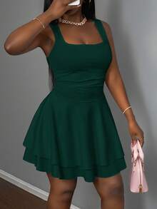 Slaydiva Women's Casual Basic Sleeveless Ruched Layered A-Line Short Dress, Minimalist Design - Dark Green - View 7