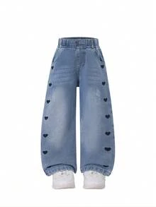 SHEIN 女童牛仔褲，藍色，夏季中色水洗街頭風 Y2K 不對稱彈性腰飾水鑽裝飾 寬鬆直筒軟棉牛仔布 無彈力 - 深色水洗藍 - 查看 4