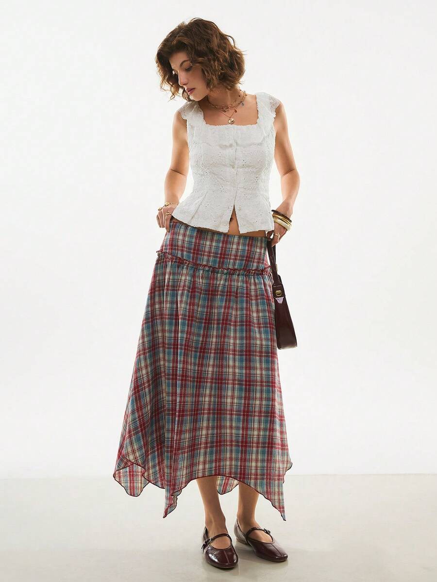Poéselle Women's Asymmetrical Hem Plaid A-Line Cotton Skirt, Collegiate Style From Spring To Summer Outfits    Summer Holiday Outfits   Asymmetric Hem Midi Skirt - Multicolor - View 1