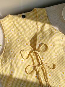 SHEIN EZwear New Summer Vacation Holiday Women's Casual Daisy Plaid Print V-Neck Tie Front Sleeveless Blouse, Summer - Yellow - View 4