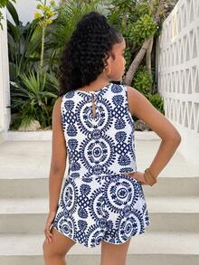 Tween Girls' Casual Sleeveless Printed Top And Shorts Set - Blue and White - View 2