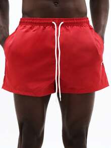 SUMWON Beach Swimming Trunks With Drawstring Waist Side Pockets Summer Swim Shorts , Pool Water Activities Elastic Waistband Logo Detail Casual Swimwear - Red - View 8