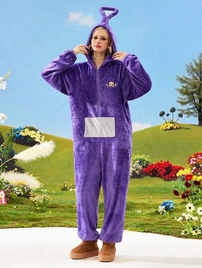 Teletubbies X ROMWE Women's Cartoon Embroidered Zip Front 3D Hooded Plush Fabric Cute Pajama Romper