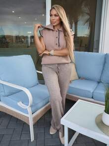 Cioccolato Women's Floral Trim Polo Collar Casual Loose Knit Vest - Apricot - View 5