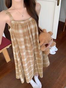 DAZY 格子宽松A字无袖女士家居连衣裙 - 駝色 - 查看 5