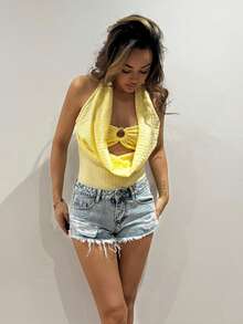 RebeccaVibe 独立日女款 Y2K 奶油黄色纹理条纹夏季辣妹设计 Bralette 风格细肩带度假海滩紧身衣，舒适 - 黃色 - 查看 2