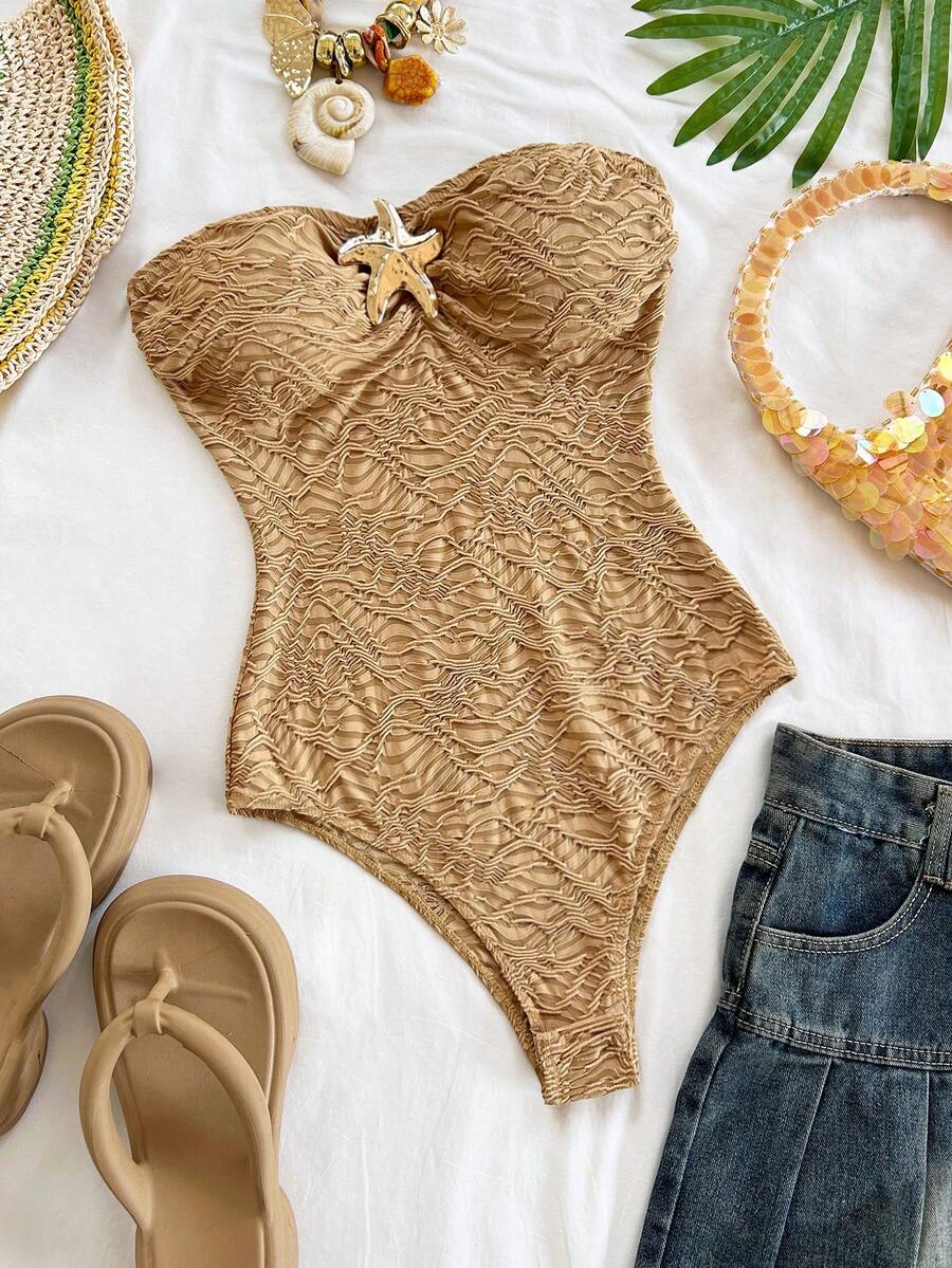 Soleia Bộ áo liền quần ôm sát họa tiết sao biển dành cho nữ, thích hợp cho kỳ nghỉ biển, hẹn hò, tiệc trà chiều, lễ hội âm nhạc, phong cách Boho. - màu nâu - Xem 1