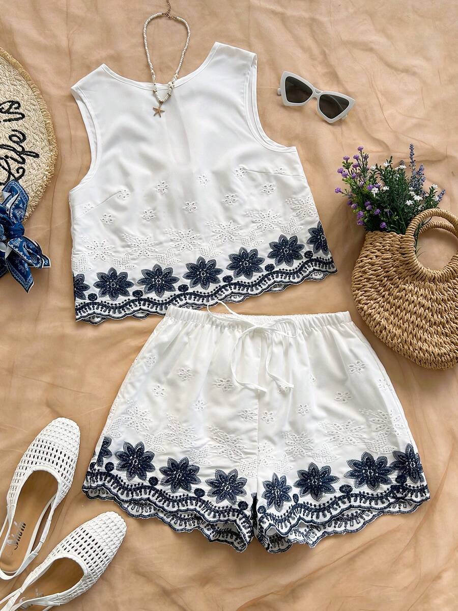 Soleia 女士度假休闲宽松露背系带纹理面料A字吊带背心，弹性腰带休闲短裤带口袋，沙滩和海边 - 彩色 - 查看 1