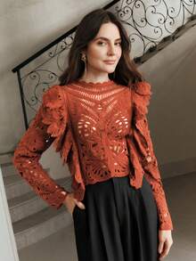 Anewsta 女士对称花卉图案短款荷叶边针织上衣 - 鏽棕色 - 查看 6