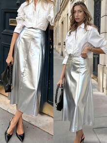 Pariaura Váy nữ da bạc có khóa kéo, dáng chữ A, thích hợp cho lễ hội Halloween, tiệc tùng, đám cưới, dự tiệc, đi chơi mùa đông, váy thanh lịch mùa thu đông, váy Giáng sinh, váy mùa thu, váy sang trọng, váy thường ngày màu nâu cho nữ, váy Giáng sinh cho nữ, váy Halloween cho nữ. - Bạc - Xem 8