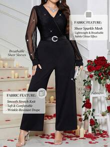 SHEIN Clasi 大码女式亮面交叉V领网纱灯笼袖优雅连体裤 - 黑色 - 查看 8