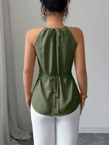 Elenzga Áo tank top nữ màu trơn đính cườm, không tay, kiểu dáng casual, thắt chéo. - xanh quân đội - Xem 2