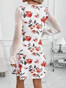 SHEIN Clasi 女士优雅印花圆领长袖短款连衣裙，秋季 - 白色 - 查看 2