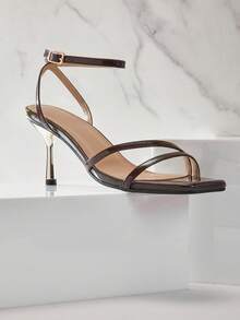 SHUZIA 精美女士漆皮PU方头性感高跟踝带搭扣凉鞋，适合舞蹈、假日派对、春夏穿着 - 巧克力棕 - 查看 5