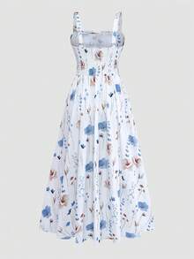 Franclia 大码女式无袖印花长连衣裙，后背系带蝴蝶结，蓝白花朵图案，A字裙摆，收腰设计 - 彩色 - 查看 2
