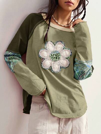 Bohemela Plus Size Floral Patchwork Colorblock Round Neck Casual Long Sleeve T-Shirt