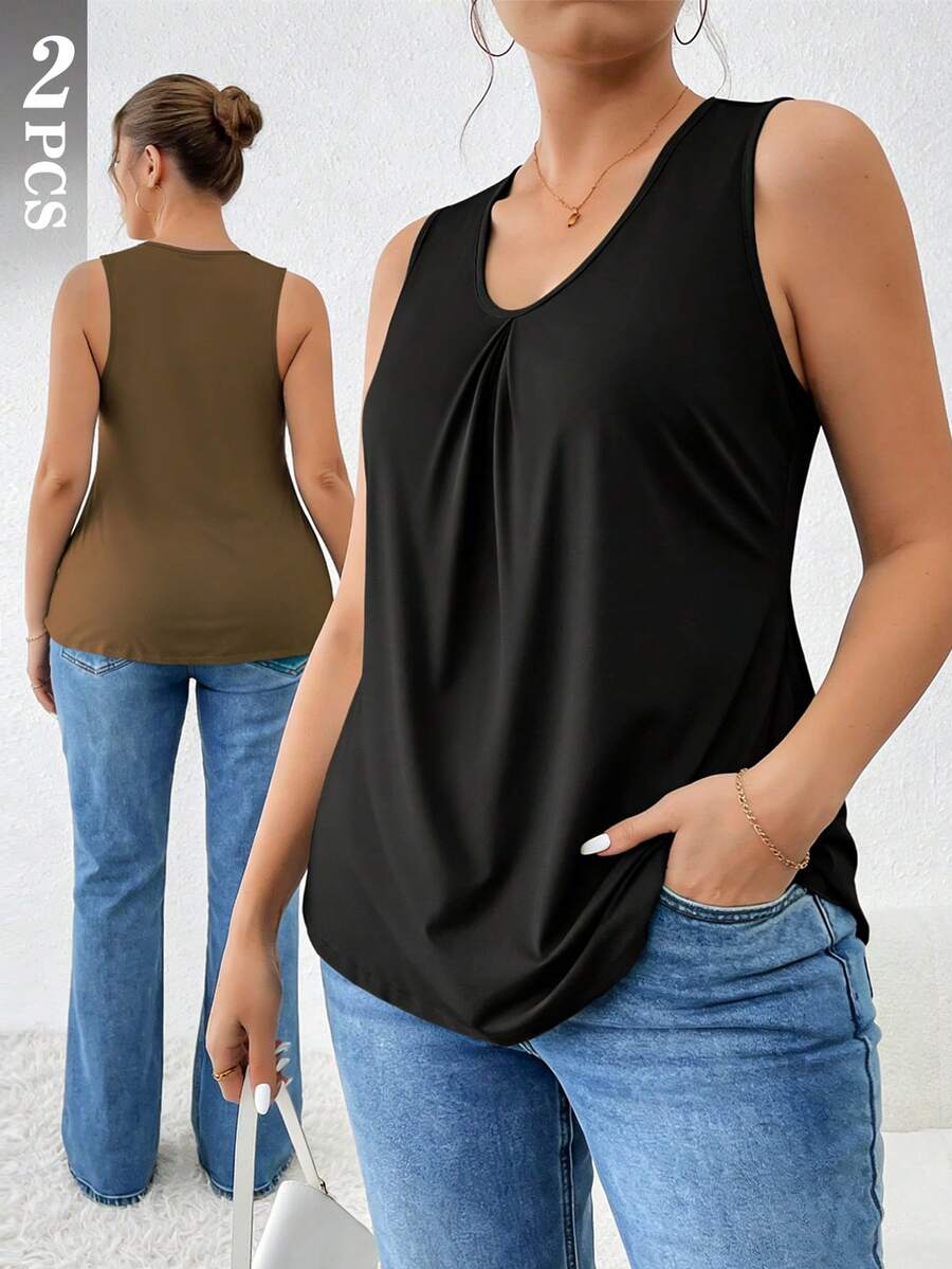 SHEIN Sports 两件装女士运动吊带背心,黑色和卡其色,垂坠舒适针织瑜伽和运动服 - 彩色 - 查看 1