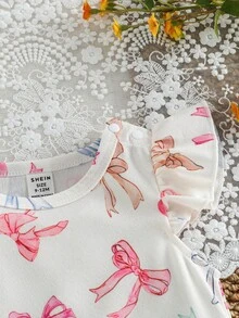 SHEIN 女宝宝甜美公主风多色蝴蝶结印花网纱荷叶边下摆飘逸袖连衣裙 - 彩色 - 查看 6