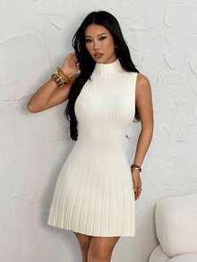 SHEIN PETITE Minimalist Stand Collar Sleeveless A-Line Mini Ribbed Knit Dress For Women,Fall - White - View 4