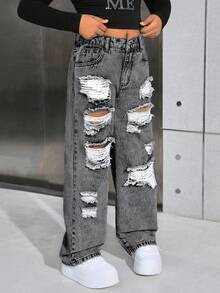 SHEIN Jeans rectos anchos y rasgados con efecto desgastado estilo callejero de Y2K para niñas preadolescentes, ropa y conjuntos de otoño para niñas - Lavado ligero - Ver 3