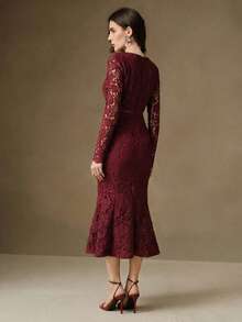 Anewsta French Elegant Embroidered Lace Spring Dress, Hollow V-Neck Long Sleeve Lace Fitted Mermaid Dress - Burgundy - View 7