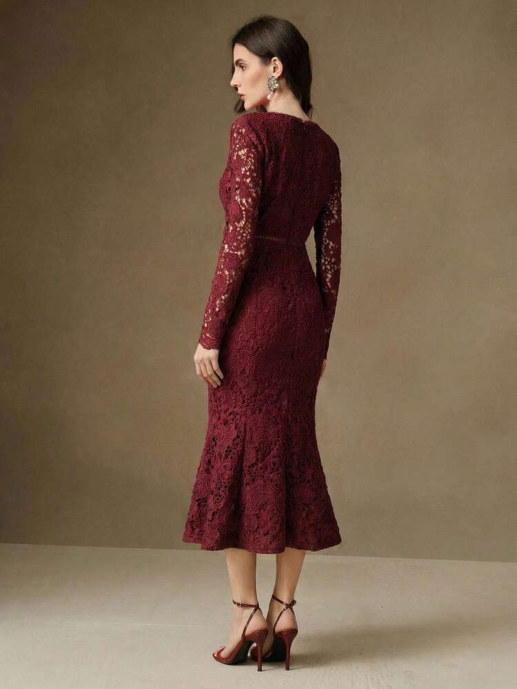 French Elegant Embroidered Lace Spring Dress, Hollow V-Neck Long Sleeve Lace Fitted Mermaid Dress