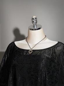 SHEIN ICON 大码女式复古性感优雅个性前卫大胆现代时尚都市新款中式宴会/晚宴网纱提花拼接流苏半透明圆领黑色宽松上衣 - 黑色 - 查看 4