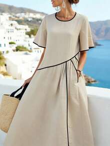 Breezaya 波西米亚风米色透气梭织面料度假连衣裙 – 圆领撞色滚边蝙蝠袖褶皱喇叭宽松修身长款礼服，适合海滩度假 - 杏色 - 查看 3