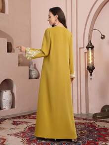 Al Najma Women's Loose Embroidered Beaded Robe For Ramadan - Mustard Yellow - View 5