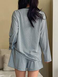 DAZY Women's Casual Striped Loose Pajama Set - Green - View 2